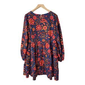 Emma & Michele Floral Tiered Dress Long Sleeve Navy Blue Orange Pink sz XL